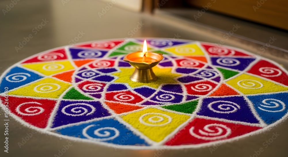 Fototapeta premium A vibrant, colorful rangoli design with a lit diya lamp in the center, celebrating a festival.