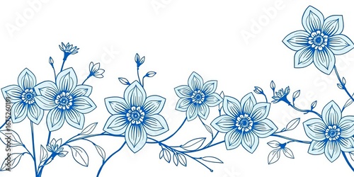 Elegant horizontal seamless pattern of blue vector line art flowers, plant, subtle