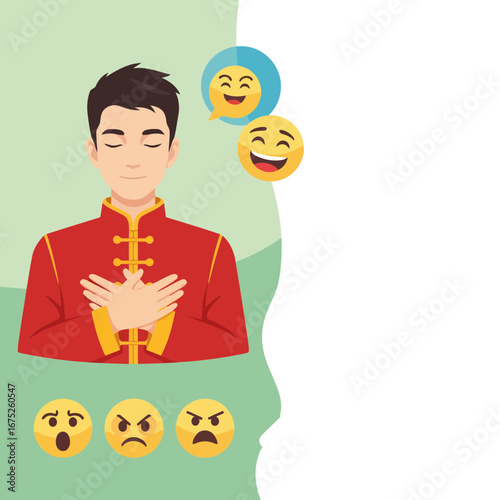 Bring emotions to life! Flat design vector of a content Chinese young man with modular emoticons—content—for web, apps, and presentations.