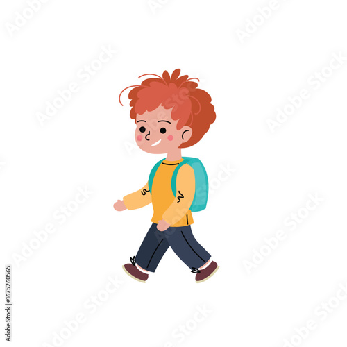 Happy cartoon boy with curly hair walking with a backpack. Flat vector illustration of a smiling school child, perfect for educational materials, back-to-school themes, or children’s design projects.