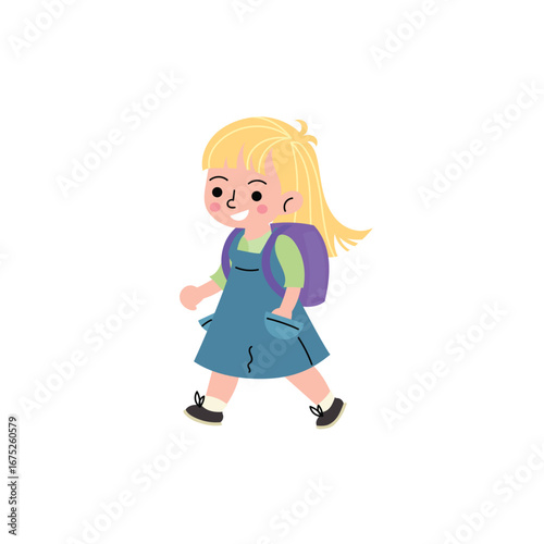 Cute cartoon girl with a backpack walking happily. Flat vector illustration of a school child in casual clothes, ideal for educational content, back to school themes, or children's designs.