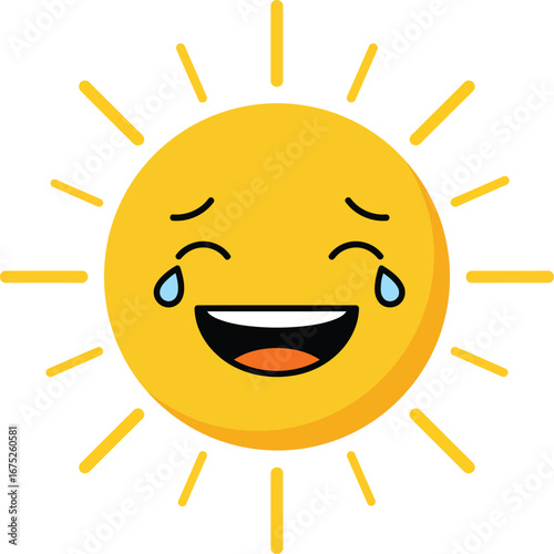 A laughing emoji, teary-eyed sun with beaming rays laughs joyfully.