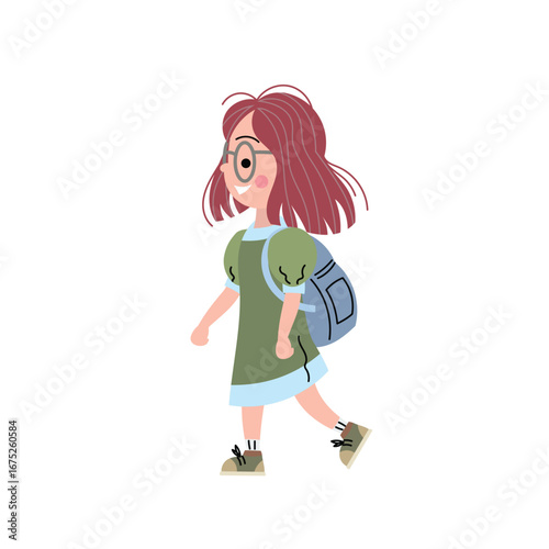 Cute cartoon girl with a backpack walking happily. Flat vector illustration of a school child in casual clothes, ideal for educational content, back to school themes, or children's designs.