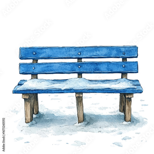 Snow-covered Bench Park, watercolor drawing vector, isolated on a white background.
