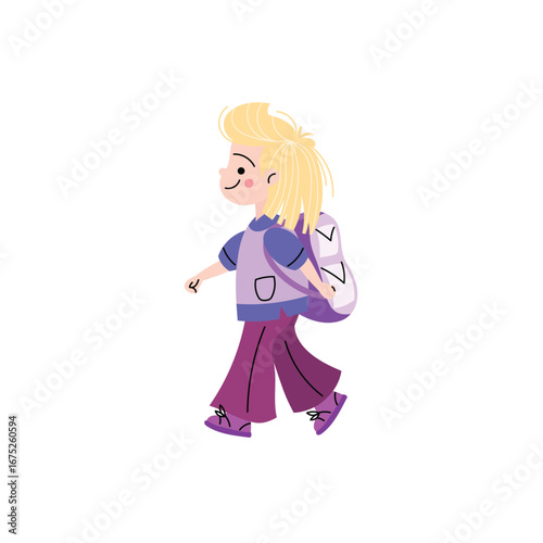 Cute cartoon girl with a backpack walking happily. Flat vector illustration of a school child in casual clothes, ideal for educational content, back to school themes, or children's designs.