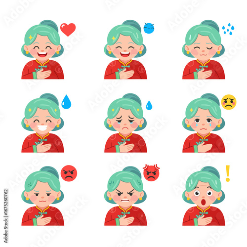 Bring emotions to life! Flat design vector of a content Chinese grandmother with modular emoticons—content, happy, sad, angry, surprised—for web, apps, and presentations.