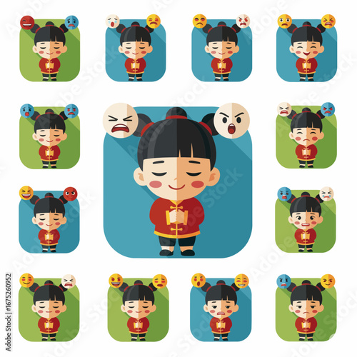 Bring toddler emotions to life! Flat design vector of a Chinese toddler girl with modular emoticons—content, happy, sad, angry, surprised—for apps and web.