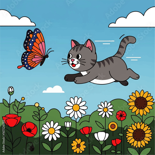 Happy gray cat chasing a butterfly through a field of summer flowers