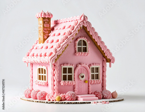 A pink gingerbread house decorated with elaborate frosting swirls and sugar-dusted candies.