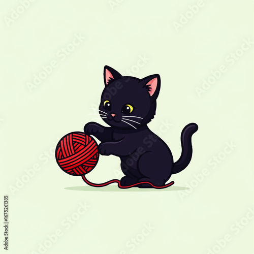 Cute black kitten playing with a small ball of red yarn