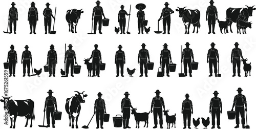 Farmer silhouette collection with animals, cows, goats, chickens, bucket, shovel, rural farming, agriculture workers, livestock care, village life.