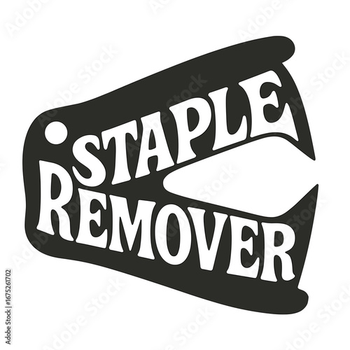 Staple remover tool with bold lettering on white background  