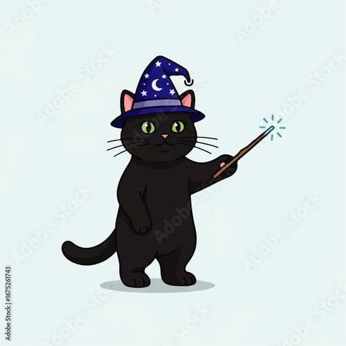 Cute black cat dressed as a wizard with a purple hat and a magic wand