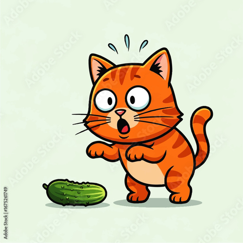 Funny cartoon orange cat looking shocked and scared by a green cucumber