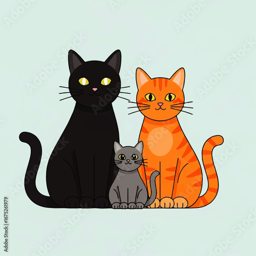 Illustration of a cat family with two kittens sitting between their parents