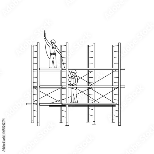 Construction workers assembling scaffolding at building site  