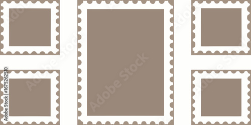 Collection of five blank postage stamps with perforated edges in a scattered arrangement on a white background