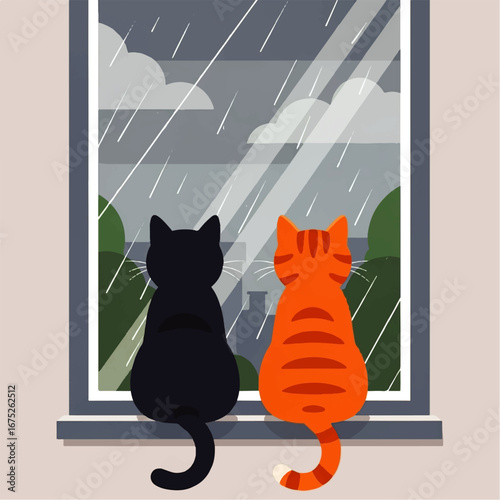 A black and an orange cat sitting together watching the rain from a window