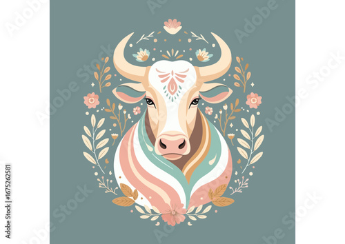 Elegant cow illustration with floral elements on a blue background