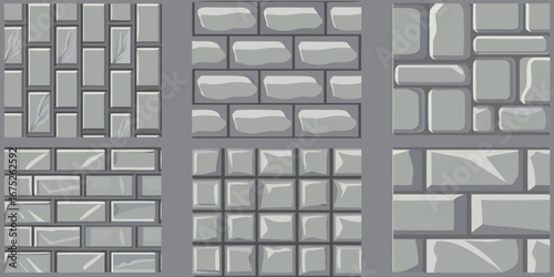 Collection of six different grey stone wall and paving patterns in a grid layout