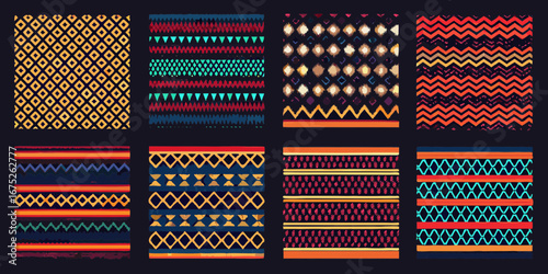Collection of eight vibrant and colorful ethnic tribal patterns with geometric designs