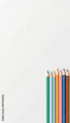 Row of pastel colored pencils arranged on a plain background, art supplies ready for coloring and drawing projects