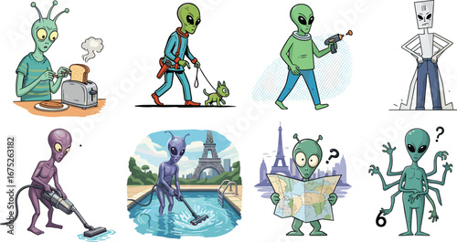 Funny cartoon alien characters in daily life and adventures, cooking, walking dog, using ray gun, vacuuming, cleaning pool, traveling with map, multiple arms alien