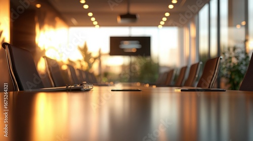 meeting scene with a polished conference table, chairs, and a projector, designed for presentations, with a soft blur of a corporate office in the background