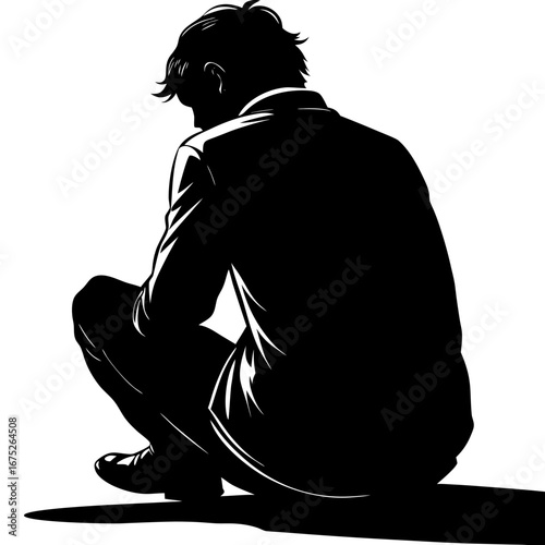 Dramatic black silhouette of crouching person in suit with bowed head reflecting sadness and contemplation in shadow