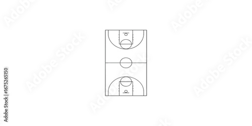 Print  Geometric Vector Basketball Court Floor Plan in   Vertical Layout – Outline Diagram on White Background