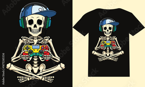 Skeleton Gamer T-shirt Design | Funny Halloween Gaming Skull with Headphones and Controller Illustration