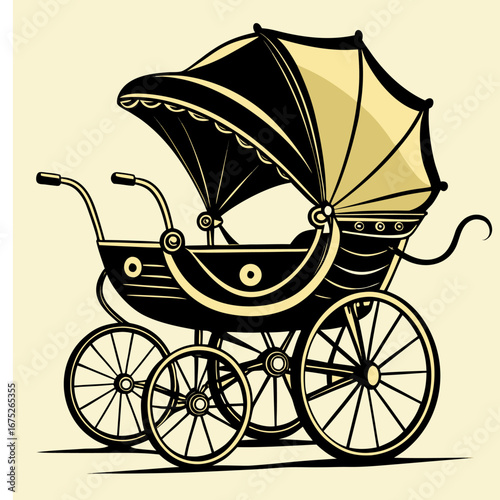 Ornate vintage baby carriage illustration in black and gold with decorative wheels, canopy, and classic elegance