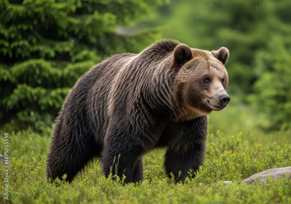 Fototapeta premium A brown bear standing in a grassy field with trees in the background looking to the right side view
