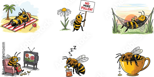 Funny cartoon bees relaxing and protesting, bees on vacation, humorous bee characters lounging, bee protest sign, sleepy and tired bee drinking juice, bee in a tea cup