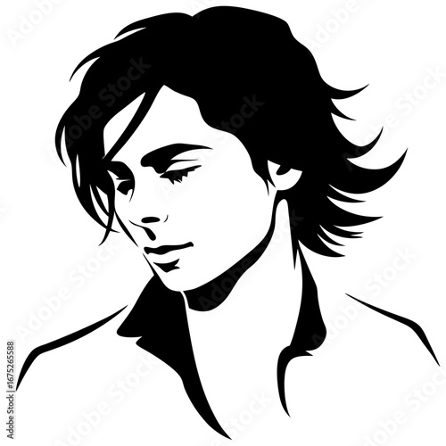 Black and white stencil portrait of young person with tousled hair, downcast eyes and moody elegant artistic vibe