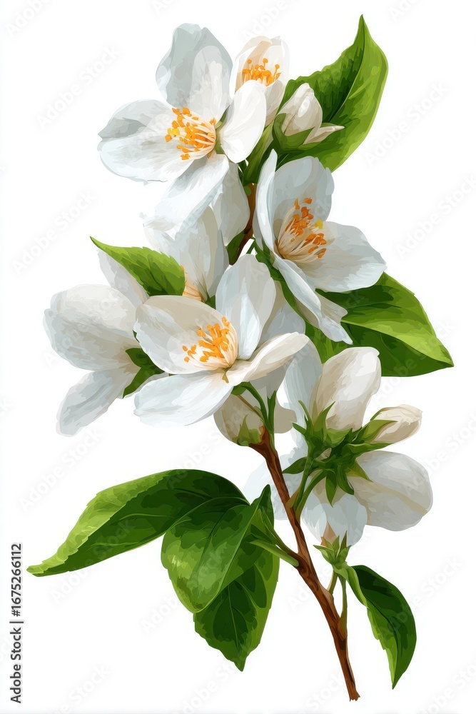 Obraz premium Delicate white jasmine flowers with vibrant green leaves on a white background showcasing natural beauty and fragrance