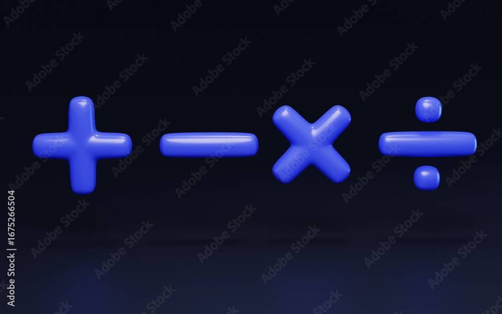 Obraz premium Addition, subtraction, multiplication, division math symbols education arithmetic 3D