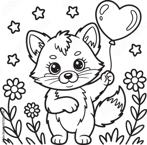 Vector art of cute cartoon fox holding a heart balloon, surrounded by flowers and stars