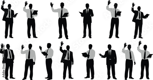 Businessmen raising hand, presenting ideas, holding documents, corporate communication, asking questions, office meeting gesture, leadership, teamwork, professional posture