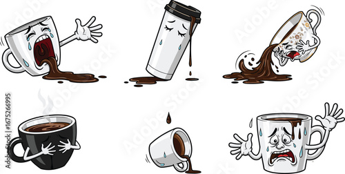 "Funny coffee cups spilling coffee, emotional mugs, cartoon coffee art, animated coffee, expressive drinkware, humorous coffee moments, hot beverage characters"