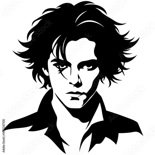 Intense black and white portrait of young man with tousled hair in dramatic graphic novel style emphasizing brooding mood