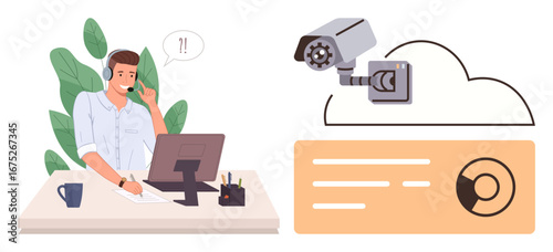Office worker with headset viewing cloud-connected security camera footage on desktop. Ideal for customer support, IT solutions, remote monitoring, cybersecurity, cloud technology, surveillance