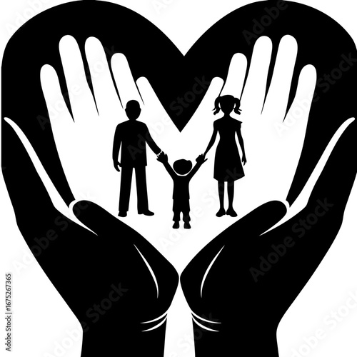 Symbolic family protection silhouette with hands forming heart around parents and child representing unity and care