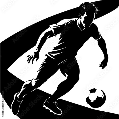 Silhouette soccer player dribbling ball in dynamic stride with sweeping motion design emphasizing speed and focus