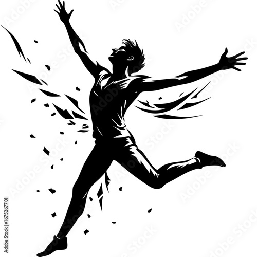 Joyful silhouette of person leaping mid-air with arms outstretched bursting with energy and freedom in dramatic graphic style