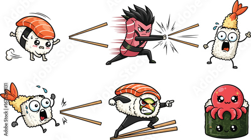 Funny sushi cartoon characters with martial arts action, playful rice and fish, cute octopus sushi, kawaii Japanese food illustrations
