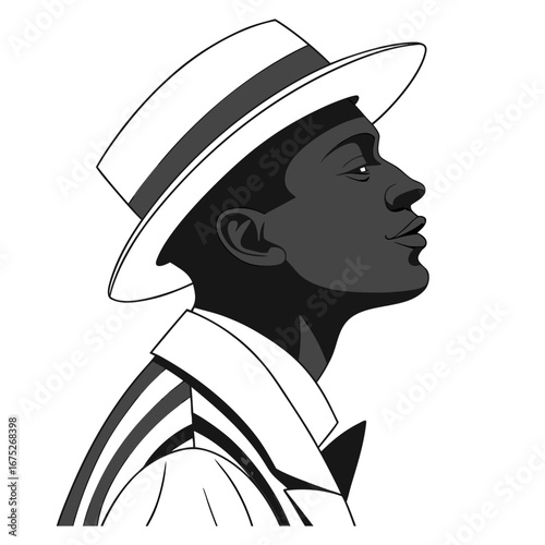 Charismatic man in fedora silhouette profile with dramatic shadows evoking classic film noir and jazz-inspired elegance