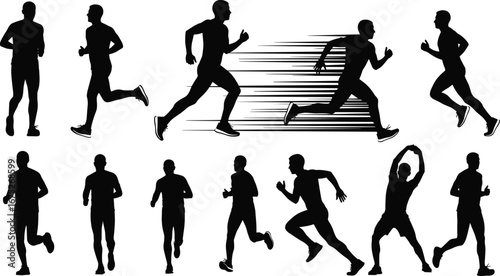 Silhouette of men running, jogging, sprinting, warming up, exercising, fitness training, athletic workout, marathon race, and outdoor cardio