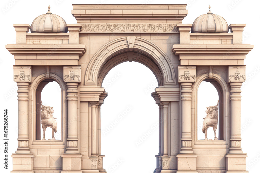 Naklejka premium Grand ancient Arab arch entrance showcasing intricate designs, lion sculptures, and historical architecture, highlighting cultural significance and artistic mastery from the East