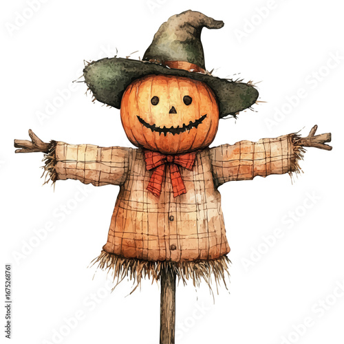 Scarecrow Decoration, watercolor drawing vector, isolated on a white background.